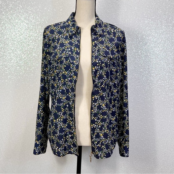 Michael Kors women’s floral print zip front blouse top navy blue size medium - Picture 4 of 11
